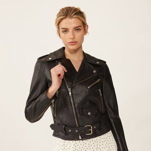 Lambskin Leather Fitted Motorcycle Jacket, Black, Size Small
